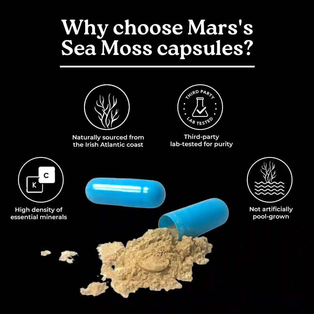 Mars Natural Sea Moss Caps: Powered with Ashwagandha, Black Seed, & Vitamin D3 6 Mars Natural Sea Moss Caps: Powered with Ashwagandha, Black Seed, & Vitamin D3