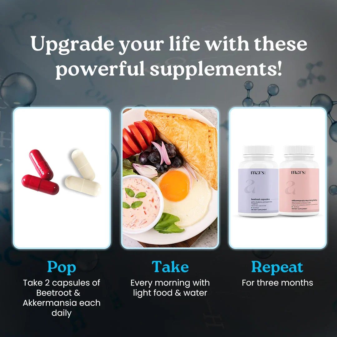 FusionFlow GLP-1 Combo: Mars Beetroot Nitric Oxide Booster & Mars Akkermansia Muciniphila Capsules 4 FusionFlow GLP-1 Combo: Mars Beetroot Nitric Oxide Booster & Mars Akkermansia Muciniphila Capsules