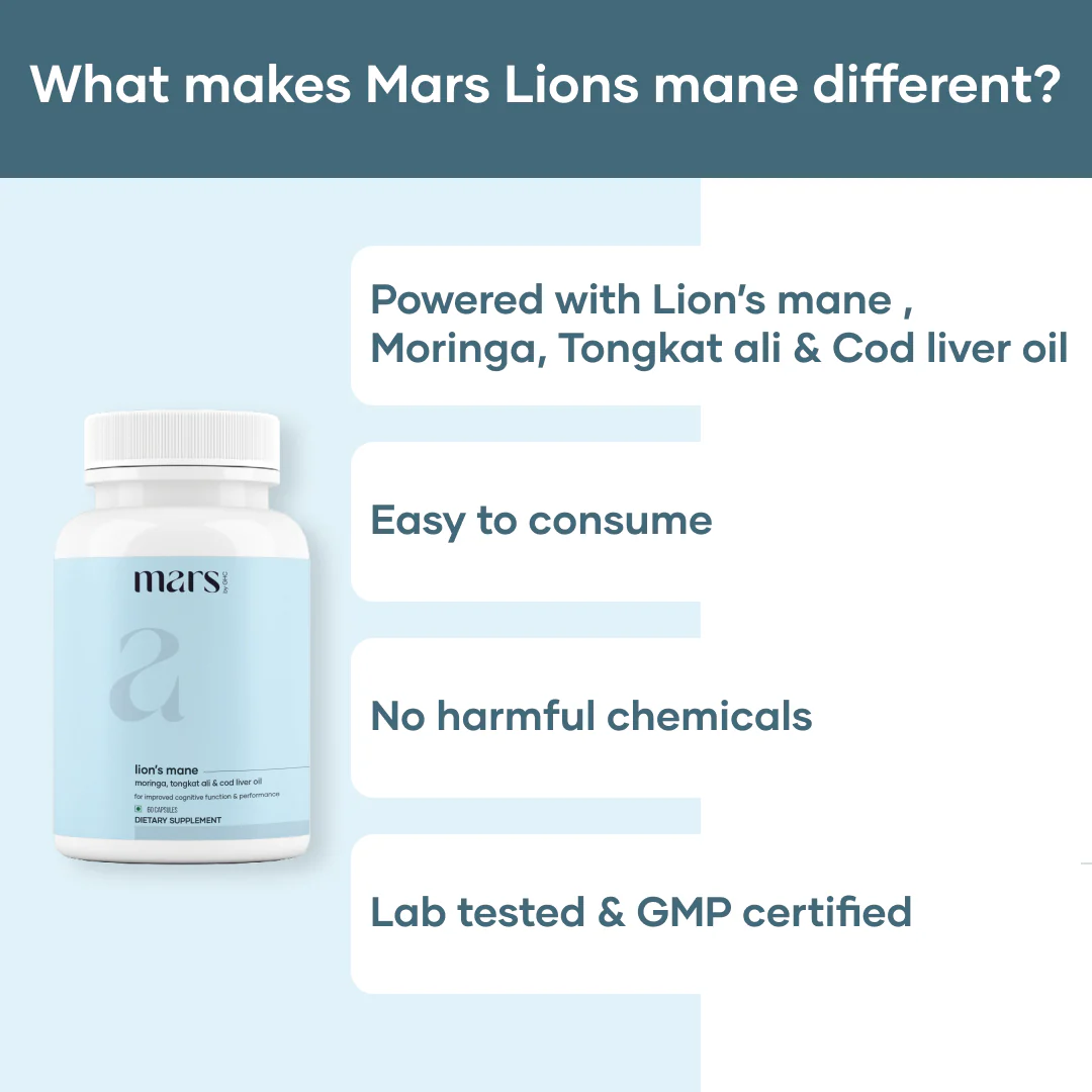 Mars Pure Lion's Mane Caps: Powered with Moringa, Tongkat Ali & Cod Liver Oil (60 N) 5 Mars Pure Lion's Mane Caps: Powered with Moringa, Tongkat Ali & Cod Liver Oil (60 N)